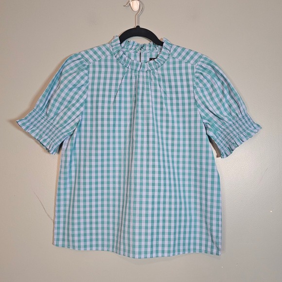 J.Crew Tops - J.Crew Gingham Ruffle Neck Smocked Puff Sleeve Cotton Poplin Blouse Women's S